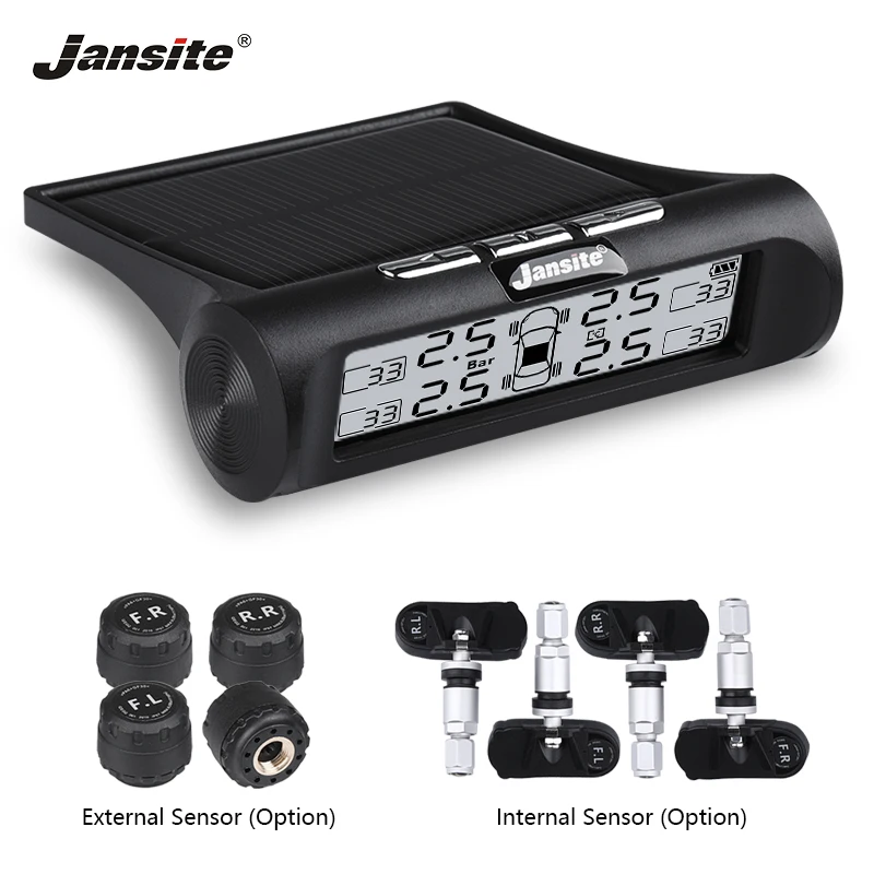 

Jansite Car TPMS Solar Charging Tire Pressure Monitoring System Auto Alarm System Wireless With 4 external Internal sensor