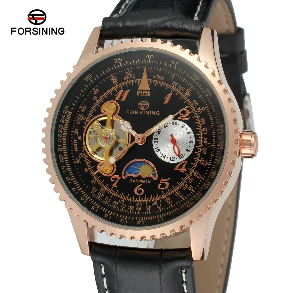 

Tourbillon Design Moon Phase Calendar Mens Watch Forsining Top Brand Luxury Watch Men Black Leather Strap Automatic Watch
