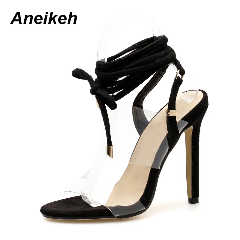 Aneikeh/сандалии-гладиаторы с ремешками на лодыжках пикантные женские сандалии из ПВХ на шнуровке на высоком каблуке Летняя обувь для вечеринок абрикосового цвета - Цвет: Black