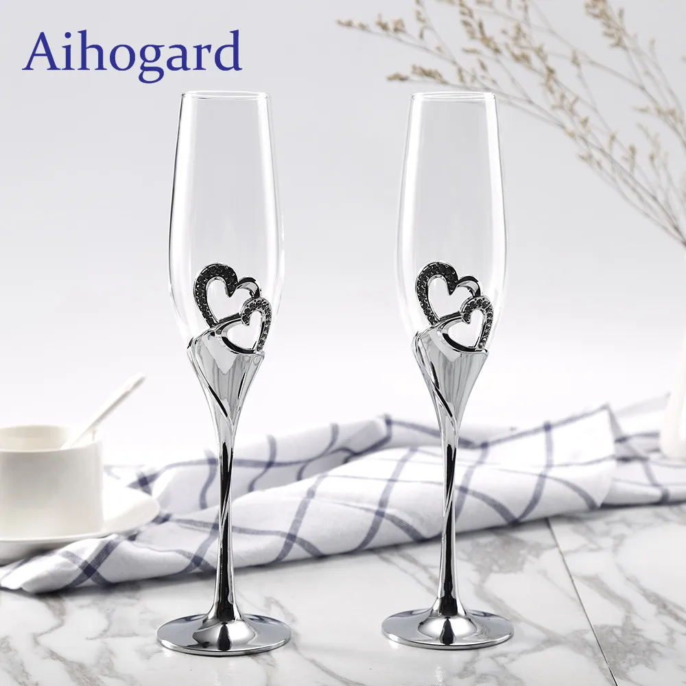 Image 2 PCS   Set Champagne Crystal Silver Toasting Flutes Long Wine Glasses Wedding Party cup Wine Drink Gifts