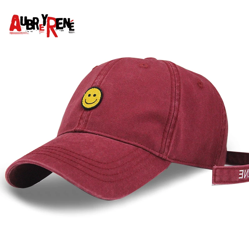 AUBREYRENE Men Women Longer Strap Baseball Cap Washed Retro Design Smilling Face Patch Hats America Street Hip Hop Fashion Caps |