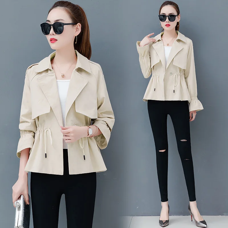

2019 Spring autumn new Female Korean version loose wild was thin popular 3XL Drawstring waist Short windbreaker coat women y10