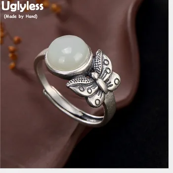 

Uglyless 100% Real Solid 925 Sterling Silver Butterfly Finger Rings Women Thai Silver Ethnic Fine Jewelry Jade White Open Ring