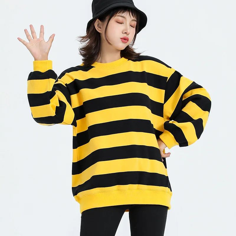 Lazy Wind Striped O-neck Sweatshirt Female Autumn Classic Black and White Cotton Jacket Long Sleeve Tops Harajuku Shirt