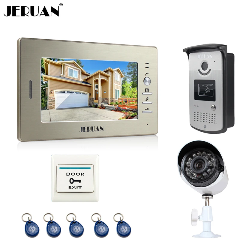 

JERUAN luxury 7`` LCD Video Intercom Door Phone System 1 Monitor 1 RFID Access Camera + 700TVL Analog Camera+EXIT button