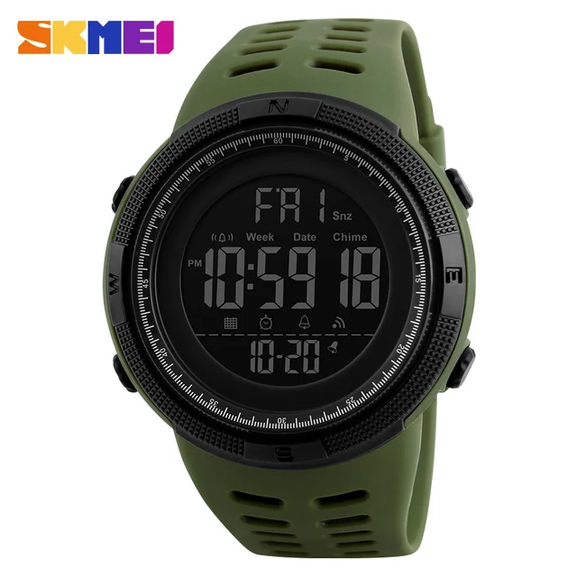 SKMEI Fashion Outdoor Sport Watch Men Multifunction Watches Alarm Clock Chrono 5Bar Waterproof Digital Watch reloj hombre 1251 Army Green