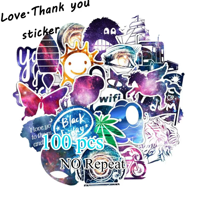 100pcs Cool Starry Sky Personality Waterproof Stickers PVC For Laptop Phone Skateboard Luggage Decorate Sticker Toy For Kids