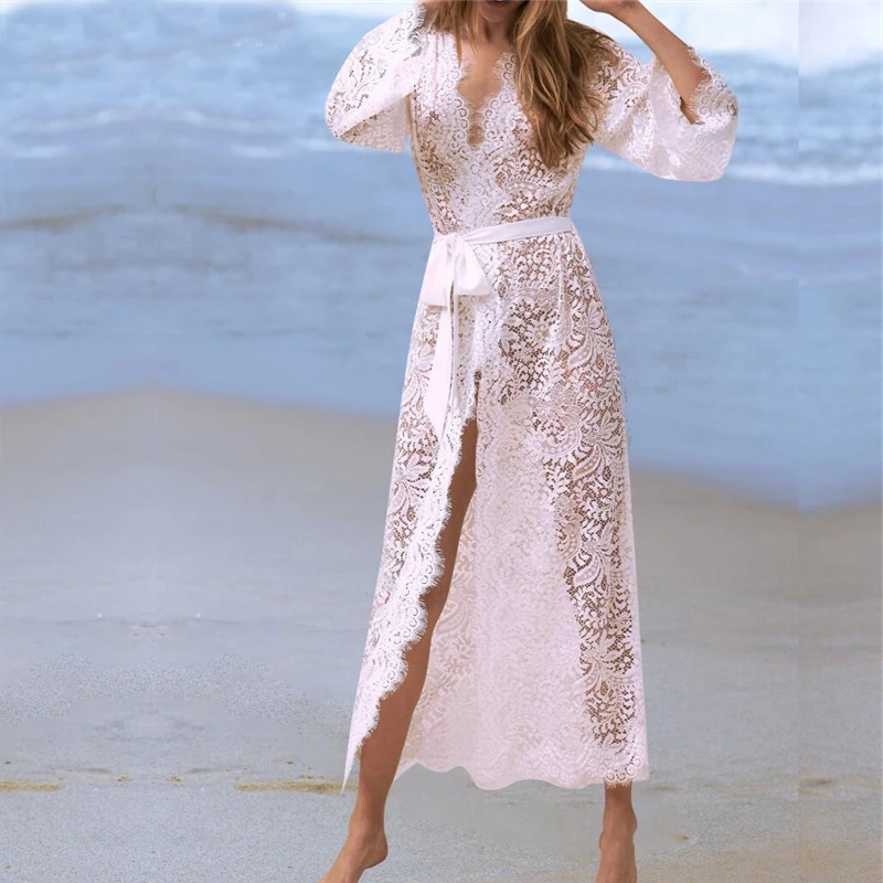 

Tunics for beach Long Lace Beach Dress Women Swim Cover up Plus size Saida de Praia Robe de Plage Kaftan Beach Cover up