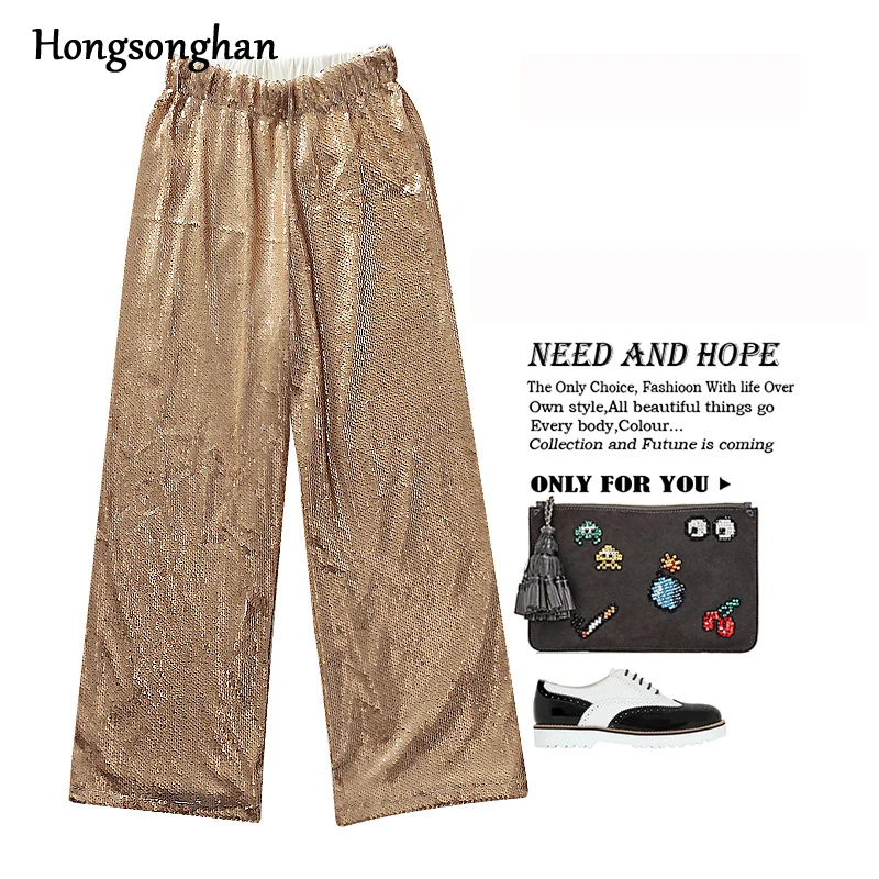 

Hongsonghan Sequin Trousers Women Sparkle Metallic Pants Women Sequin Pants Loose Woman Trousers Wide Leg Pants High Waist