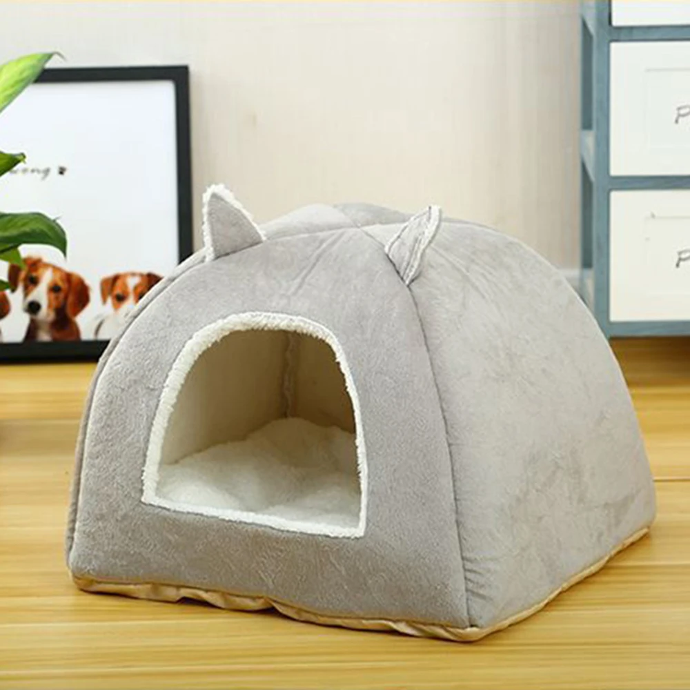 

Foldable Dog Bed Self Warming for Indoor Cats Dog House with Removable Mattress Puppy Cage Lounger Grey Pink