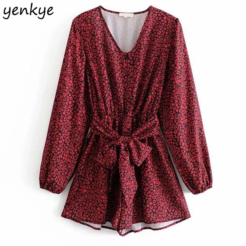 

Vintage Floral Print Boho Beach Jumpsuit Women V Neck Lantern Sleeve With Belt Casual Summer Jumpsuit Short mono mujer DJF6658