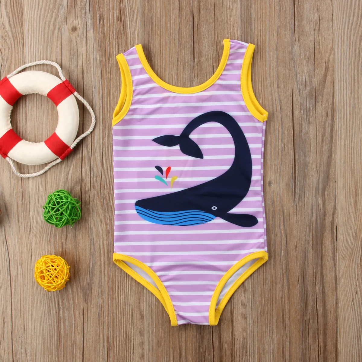 Toddler Kids Baby Girl whale Print Striped One Piece Swimwear Swimsuit
