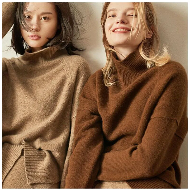 

Autumn and Winter New Cashmere Sweater Women's High-Necked Pullover Loose Thick Sweater Short Paragraph Knit Shirt AA-134