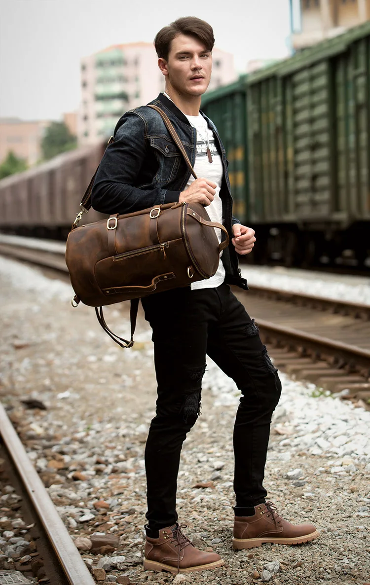 Outdoor Model Show of Woosir Genuine Leather Vintage Mens Backpack