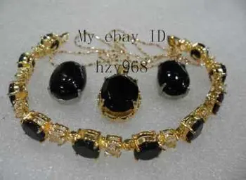 

free ship Beautiful Set Jewelry Black jade pendant necklace earring bracelet 4.28