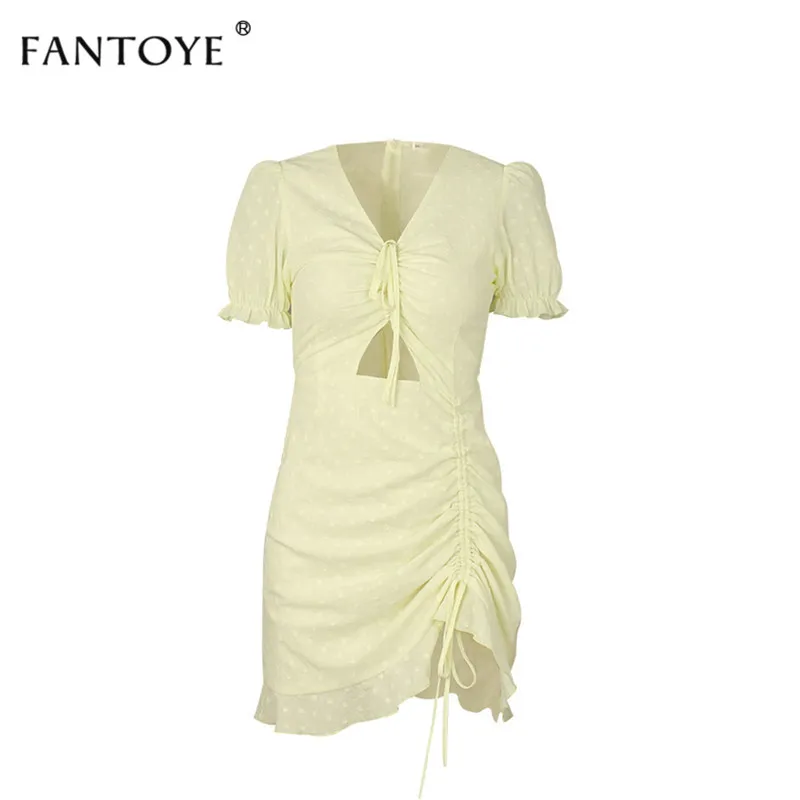 Fantoye, элегантное платье с пышными рукавами и v-образным вырезом, женское платье с оборками и рюшами, облегающее платье в горошек, сексуальные платья Vestidos - Цвет: Цвет: желтый