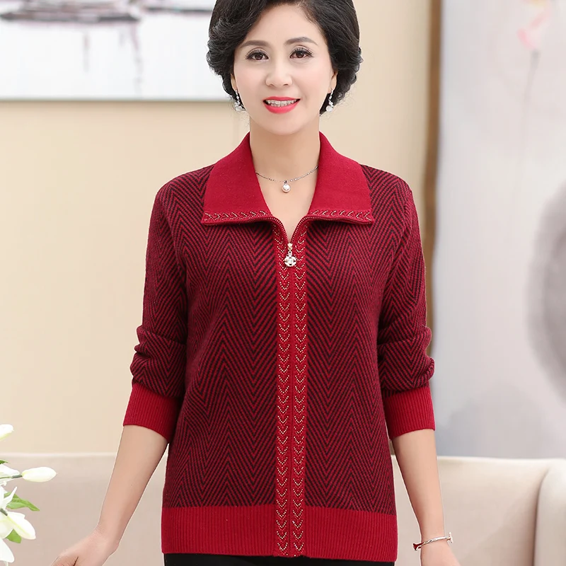 

2019 Mom, sweater, woman, autumn and winter 40 years old 50 Lapel long sleeves jacket, short middle-aged and old sweater jacket