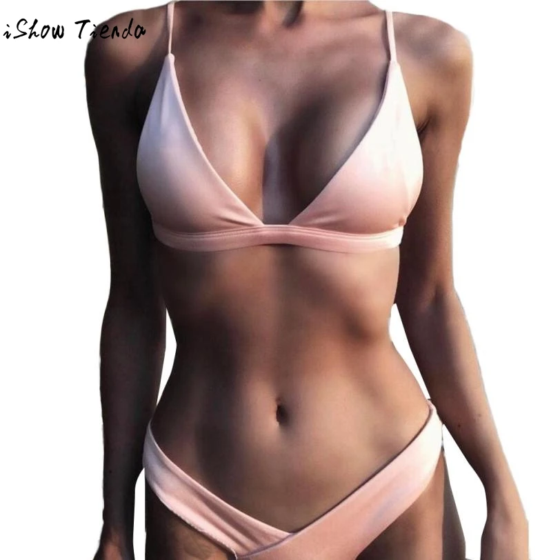

Pink V-shaped bikini split suit swimwear bikini brazilian high waist 2 piece set women swimming suit Biquini mujer #YL11