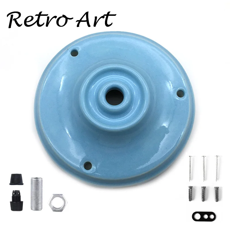 Red Vintage Retro Ceramic Ceiling Rose Plate Pendant Edison ceiling canopy - Color: light Blue