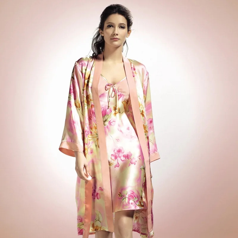

High Quality Real Silk Sleeping Robe Sets Female Two-Piece Natural Silk Sleepwear Women Printed Long-Sleeved Bathrobes YE0001