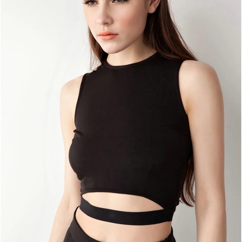 

good quality women sleeveless crop top o neck fashion shirt solid color black white gray bandge vintage t shirt women