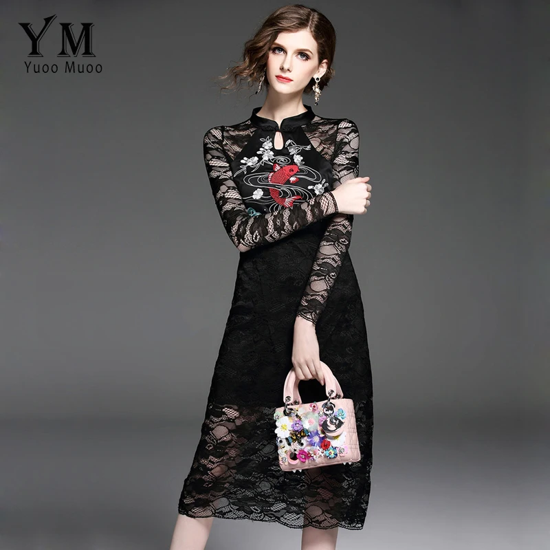 YuooMuoo New Arrival Spring Lace Patchwork Vintage Dress Black Women