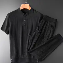 Minglu воротник-стойка, Мужская комплекты(T-SHIRTS+ брюки) плюс Размеры 4xl Роскошные морщинистая ткань с коротким рукавом для мужчин комплекты летние штаны мужские комплекты