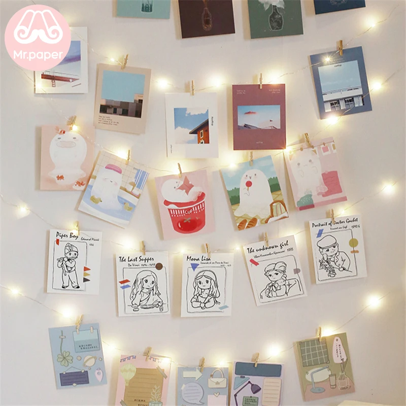 

Mr.Paper 30pcs/box 6 Designs Ins Artsy Style Postcard with Lamp Bulb Wooden Clamps for Creative Home Decoration Gift Postcard