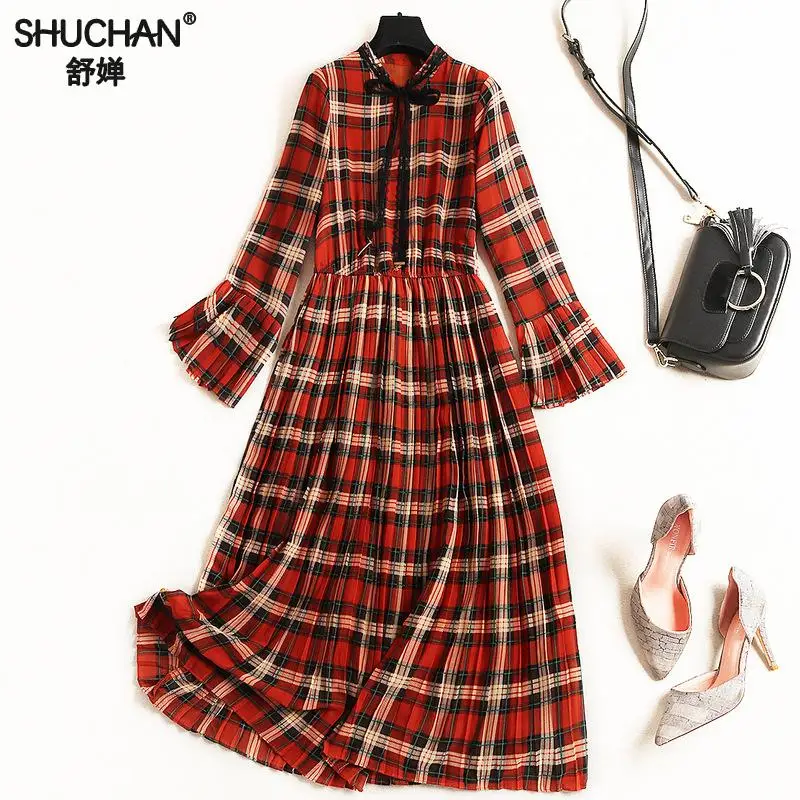 

Shuchan Plaid Chiffon Dresses Preppy Style Pleated Three Quarter Flare Sleeve Patchwork Lace Mid-calf Dress 2019 Spring Summer
