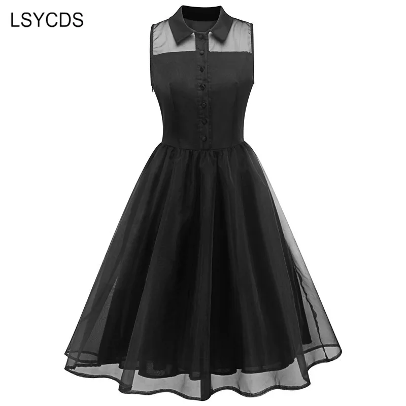 

Women Black Mesh Dress Summer 2018 Sexy Sleeveless Peter Pan Collar Knee-length Dresses Big Swing Casual Party Vintage Vestidos