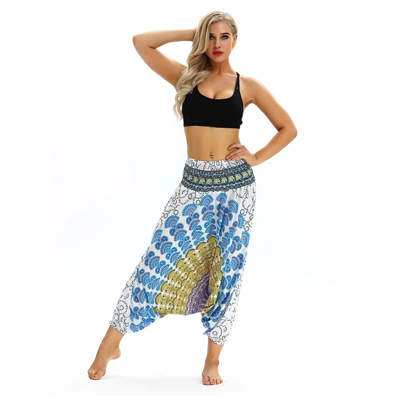 capri dress W-Yunna Ladies Women Beach Pants Trousers Boho Gypsy Hippie Women Wide Leg Harem Peacock Feather Print Elastic Pants Trousers plus size clothing