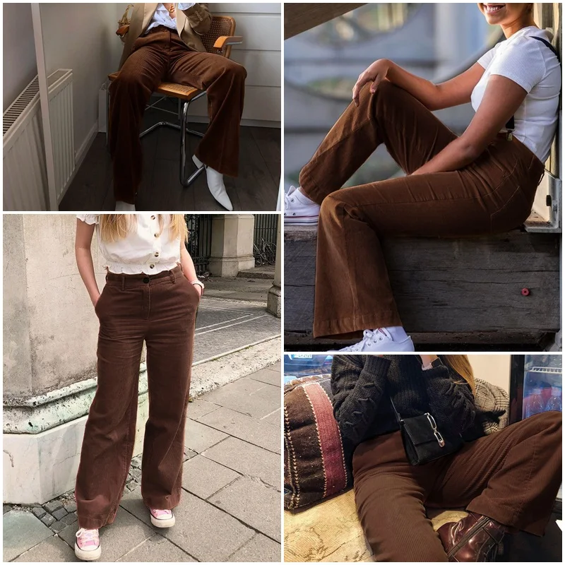 Женские штаны Simlee с широкими штанинами, вельветовые винтажные повседневные брюки большого размера с высокой талией, свободные женские брюки сплошного коричневого цвета