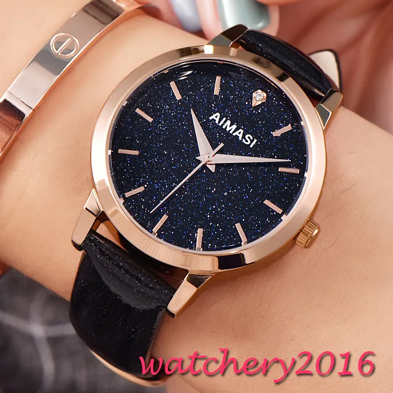 

Fashion Casual 36.2mm AIMASI black dial rose golden plated case Leather Strap Automatic movement Luxury Ladies WristWatch