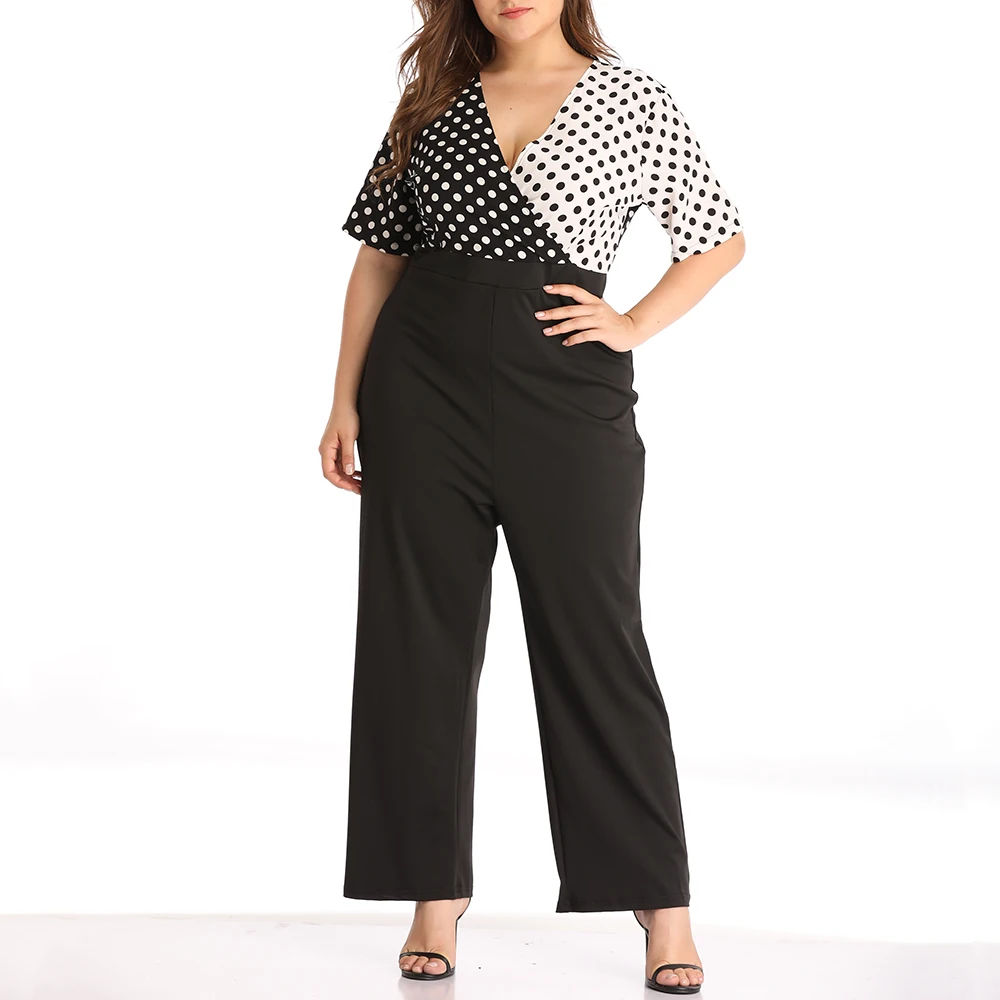 

Jumpsuits Women Plus Size 4XL 2019 Elegant Summer Dot Print Short Sleeve Long Pants Patchwork Personality Design Office Lady D25