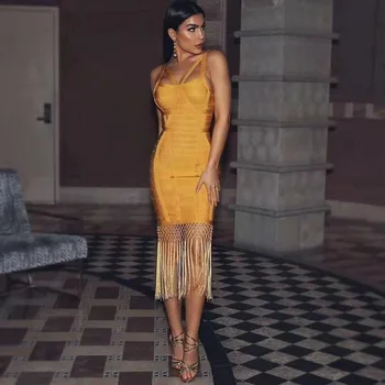 

2019 Women Bandage Dress Yellow Bodycon Robe Summer Sexy V-Neck Spaghetti Strap Fashion Tassel Solid Midi Party Club Vestidos