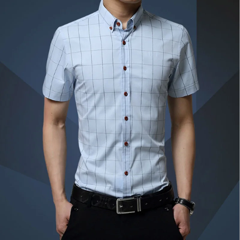 Летняя модная мужская клетчатая рубашка Slim Fit с коротким рукавом и пуговицами, трендовые хлопковые мужские рубашки 5XL - Цвет: light blue