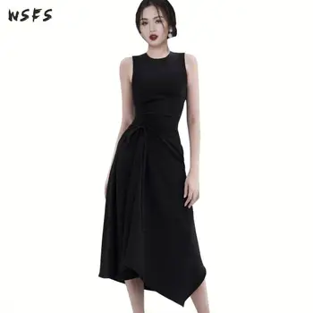 

Summer Long Dresses Black Oneck Sleeveless Womens Dress 2019 Vintage Elegant Office Ladies Slim Sexy Party Asymmetrical Sundress