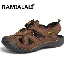Ramialali/Новинка; Летние кожаные мужские сандалии; уличные пляжные шлепанцы на плоской подошве; тапочки с защитой пальцев; Воздухопроницаемый Кроссовки Zapatillas; высокое качество