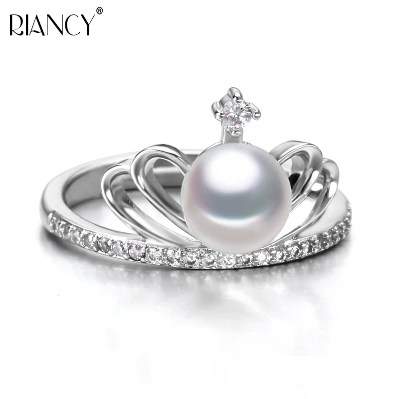 

Fashion Natural Freshwater Pearl princess Crown Adjustable Engagement Ring 925 sterling silver Ring for Women Gift