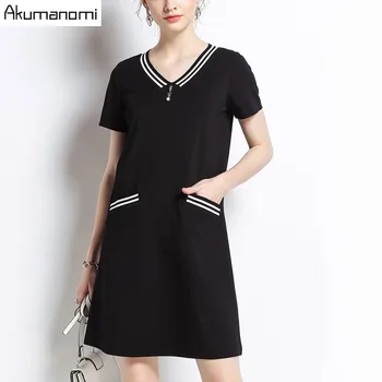 

Summer Dress Pearl Heart Collar Short Sleeve Black Brief Mini Rib Patchwork Women Clothes Dress Plus Size 5XL 4XL 3XL 2XL XL L M