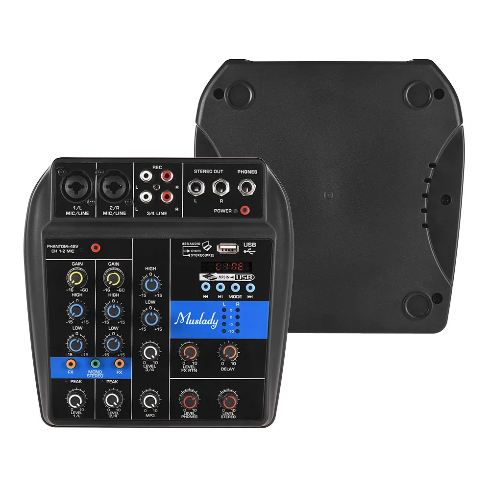 

Muslady S-1 4-Channel BT Mixing Console Audio Mixer Built-in Reverb Effects +48V Phantom Power 2-band EQ DC 5-12V Power Supply