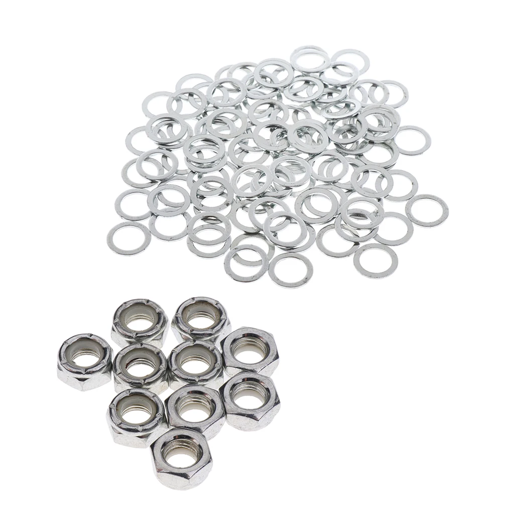 10pcs Skateboard Trucks Mounting Axle Hexagon Nuts Longboard Hardware Silver + 100pcs Bearings Washers Accessories