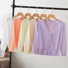 Queechalle, 17 цветов, короткий вязаный кардиган, пальто, летнее, женское, три четверти, v-образный вырез, ледяной шелк, тонкие пальто, пуговицы, женские топы