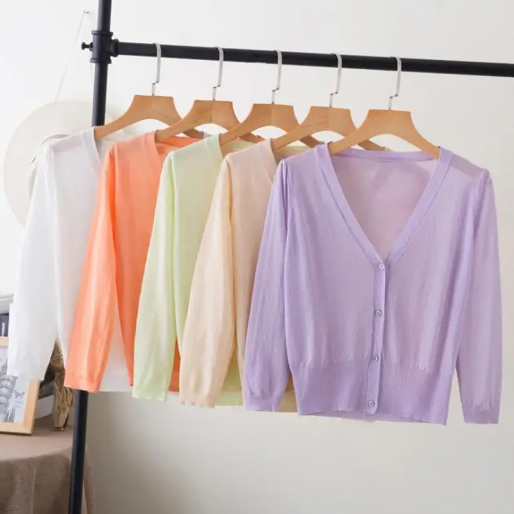 

Queechalle 17 Colors Short Knitted Cardigan Coat Summer Women's Three Quarter V Neck Ice Silk Thin Coats Buttons Women Tops