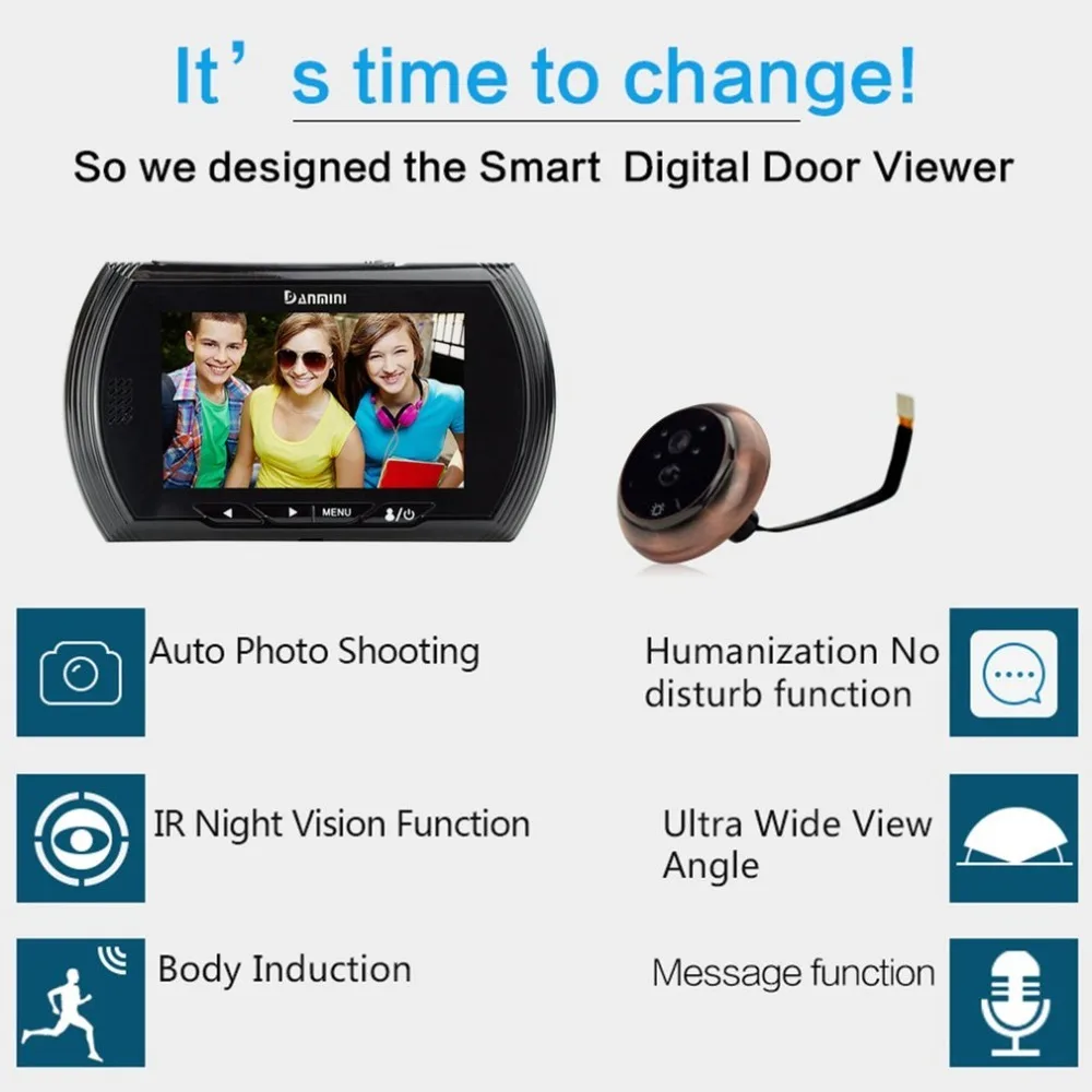 Danmini 4,3 HD цветной экран умный дверной звонок зритель цифровой дверной глазок камера дверной глазок видео запись ИК Ночное Видение