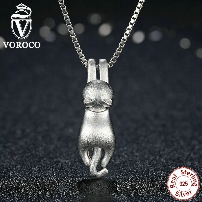 VOROCO Solid 925 Sterling Silver Lovely Cat Necklaces Pendants Naughty Animal Necklace S925 Fashion Jewelry N031