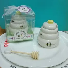 “Meant to Bee” Ceramic Honey Pot with Wooden Dipper for Wedding baby showers baptism christening party favors and door gifts 1pc