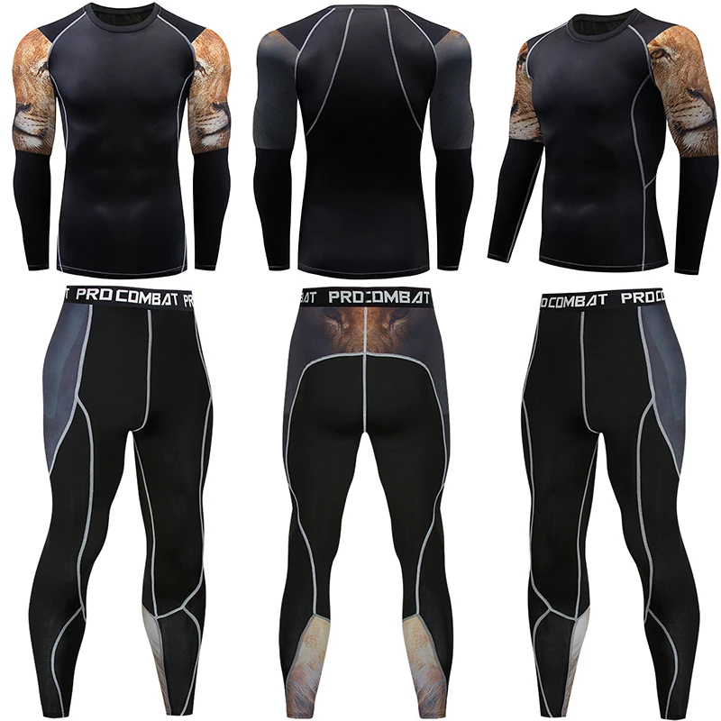 

MMA Men's High Quality Compression Shirt Sportswear Set Long Sleeve T-Shirt Tops Fitness Sports Tights 3D Print Lion Head