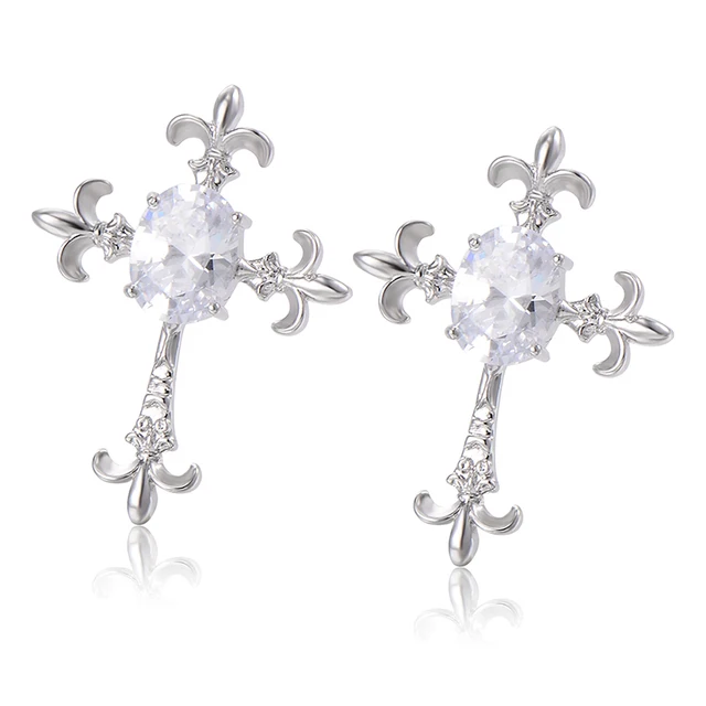 925 Sterling Silver Cross Stud Earrings Large Clear Cz Simulate 925 Sterling Silver Cross Stud Earrings Large Clear Cz Simulate Lab Cubic Zirconia Womens Woman