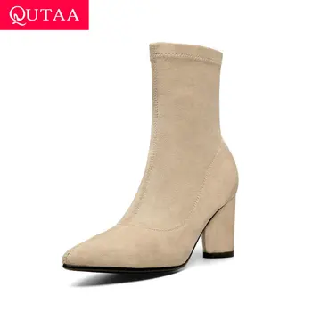 

QUTAA 2020 Flock Warm Fur Autumn Winter Fashion Women Shoes Zipper Pointed Toe Thick High Heel Concise Ankle Boots Size 34-40